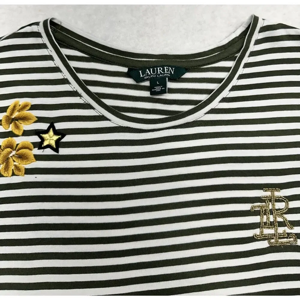 Lauren Ralph Lauren Women Large Shirt Stripe Green Cotton Modal Military Support - Picture 2 of 9